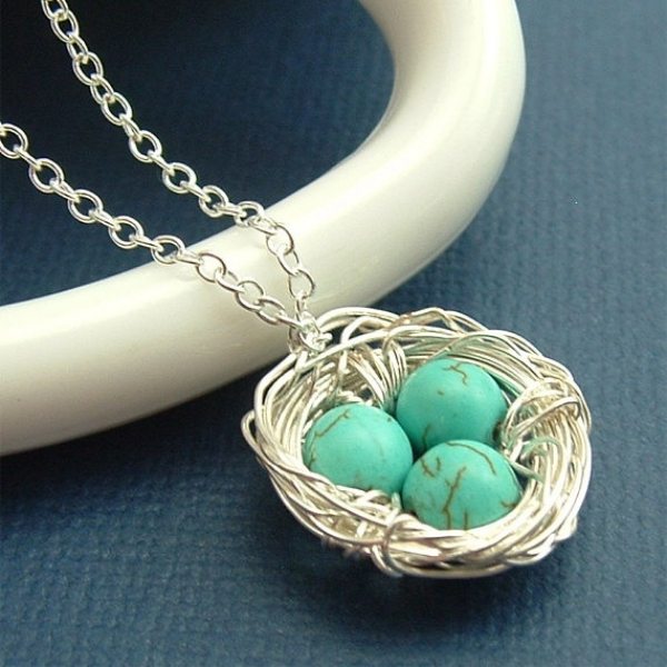 Turquoise Nest Necklace, Eggs In A Nest, Gift For Mom, Holiday Gift