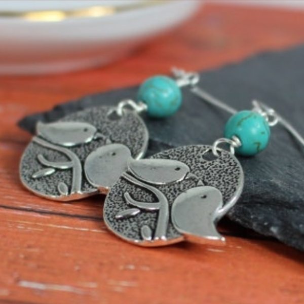 Silver Bird Earrings With Wire Wrapped Turquoise Beads