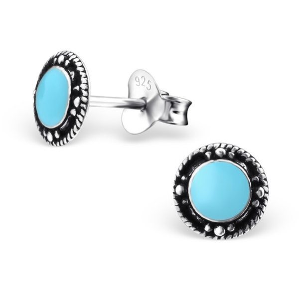 Turquoise Round Stud Earrings Sterling Silver