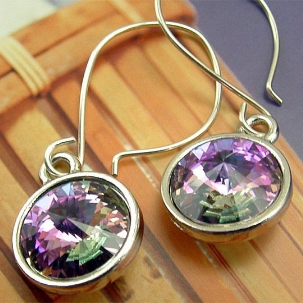 Pink,Purple Green Vitrail Light Crystal Rivoli Sterling Silver Earrings
