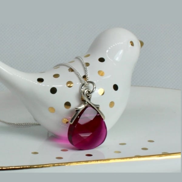Swarovski Crystal Ruby Pink Briolette Necklace, Pink Crystal Necklace