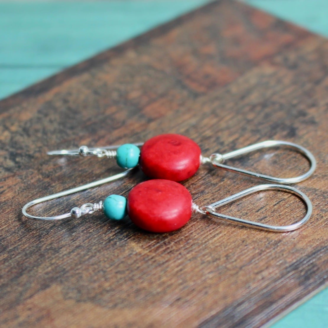 Red Earrings, Turquoise Earrings, Semi Precious Stone Earrings