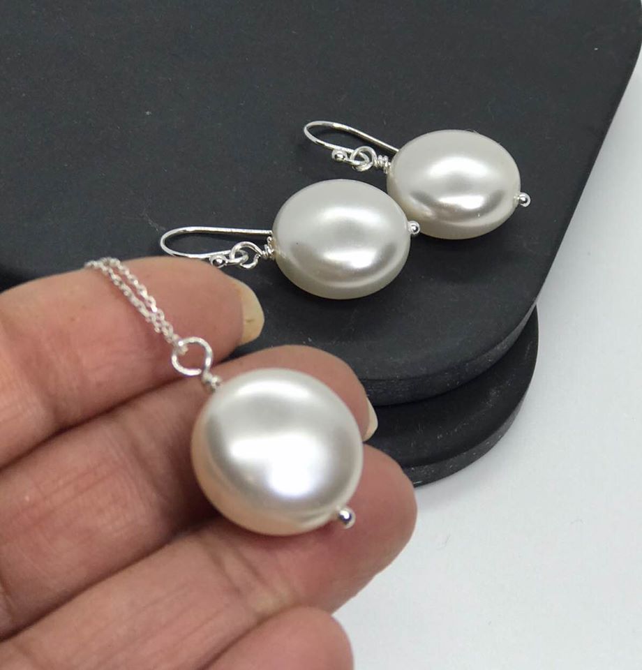 Swarovski Coin Pearl Earrings and Necklace Set